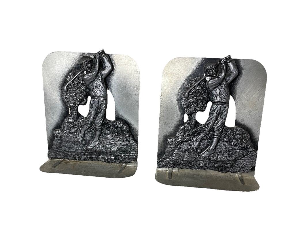 Golfer Bookends Silver Pewter Tone Metal Golf Golfing PGA